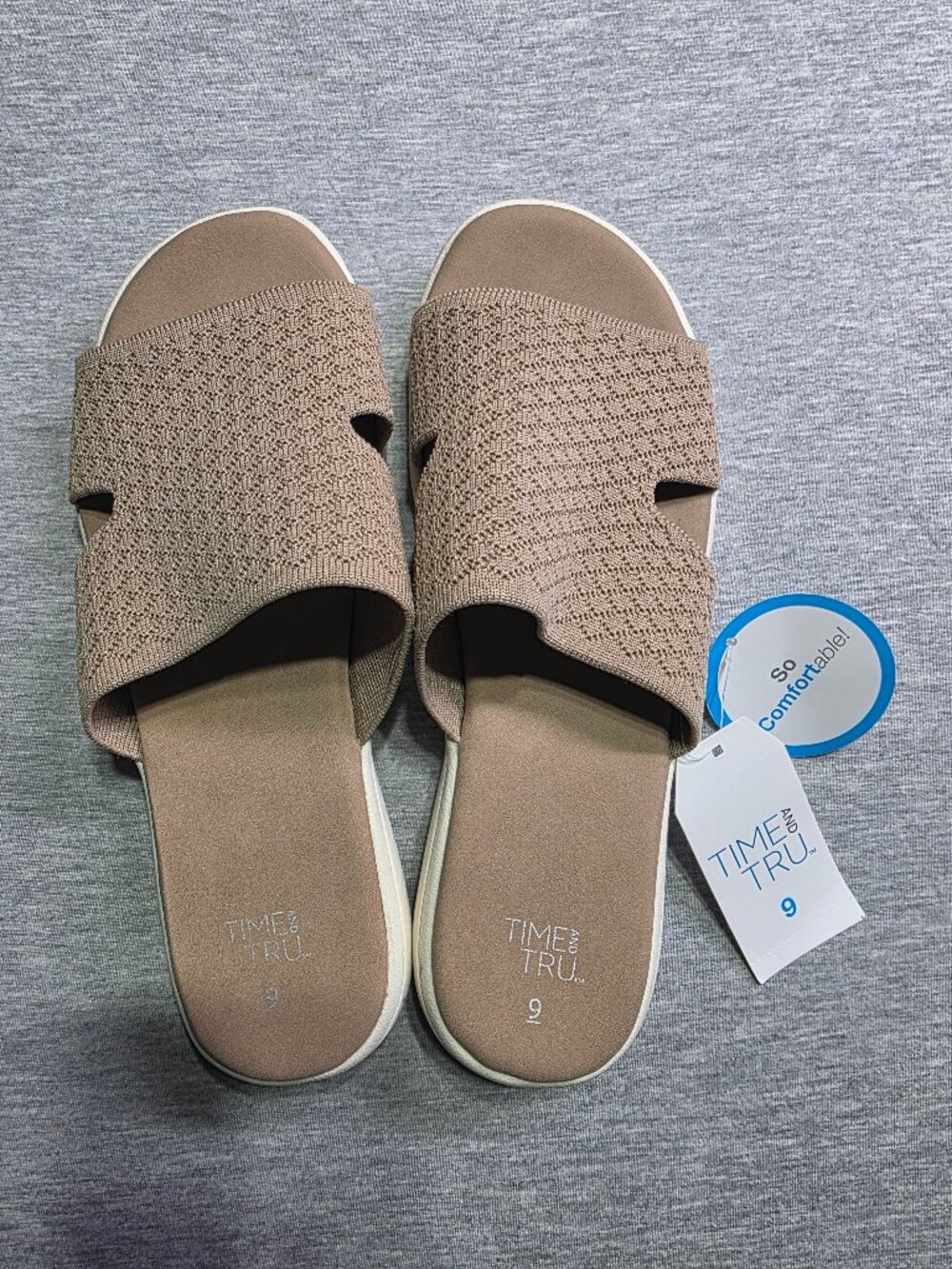 Time and Tru Knit Slide Sandals Women's Size 9 NWT Tan Taupe Comfort Slip On